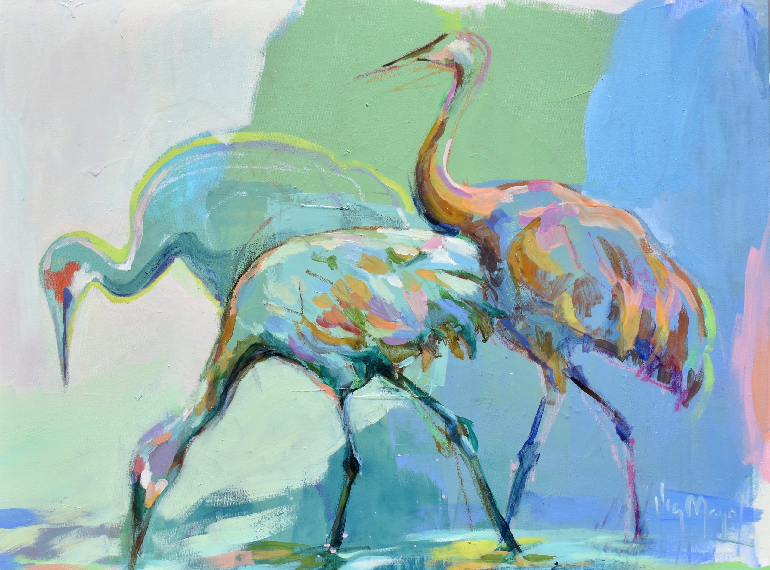 VM0008_Green and Blue cranes. Oil on canvas. 30 x 40 in. 2022